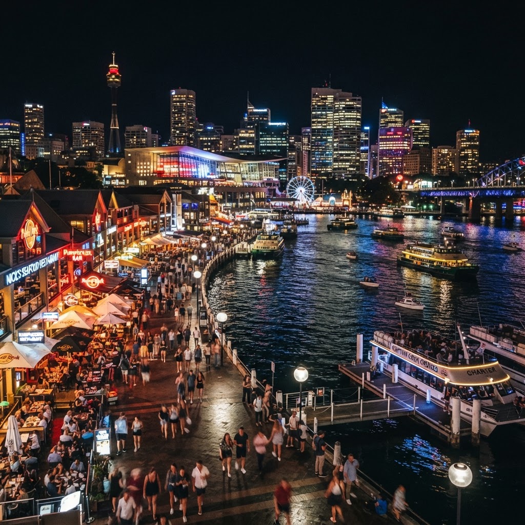 Darling Harbour Sydney at night with illuminated waterfront