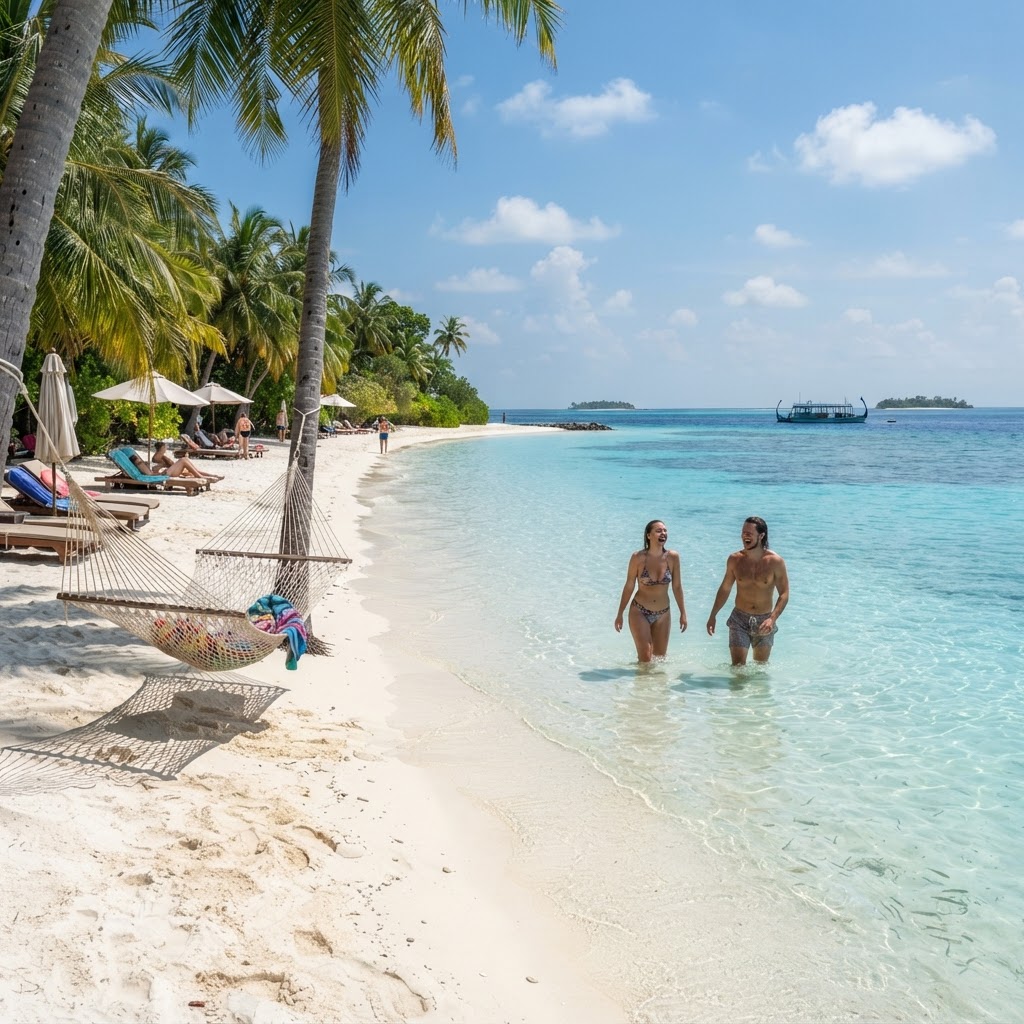 Thulusdhoo bikini beach with white sand, palm trees, hammocks and clear shallow water