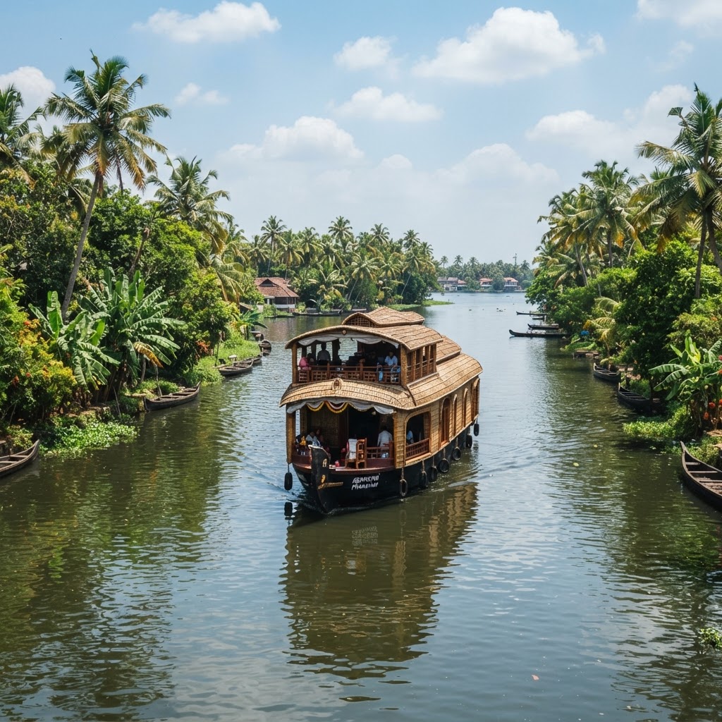 A traditional Kerala backwater houseboat on the palm-lined waterways near Kochi India at midday, lush green tropical vegetation, blue sky