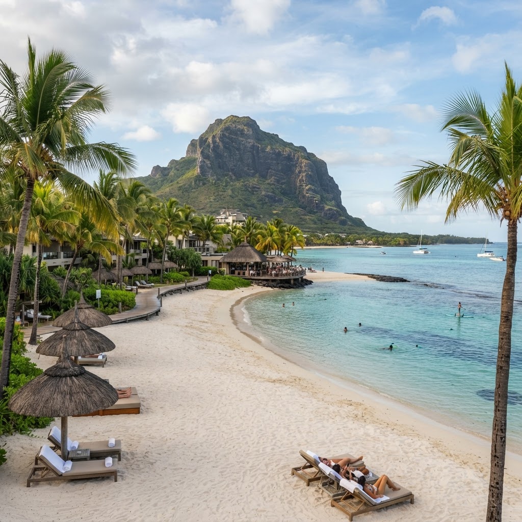 Mauritius beach resort with Le Morne Brabant mountain for a honeymoon