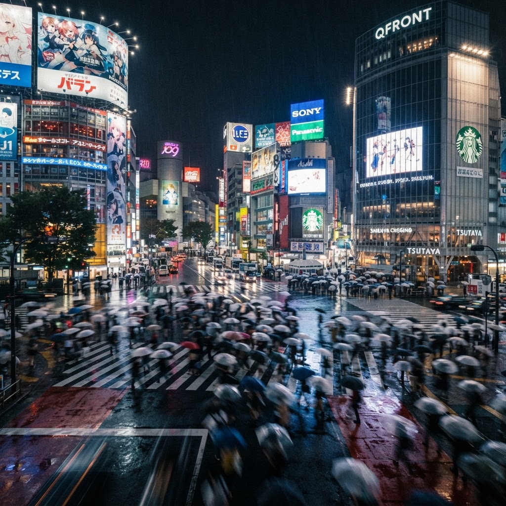 Shibuya Crossing at night in Tokyo with neon lights, crowds of people crossing and giant LED advertisement screens with colourful reflections on wet pavement