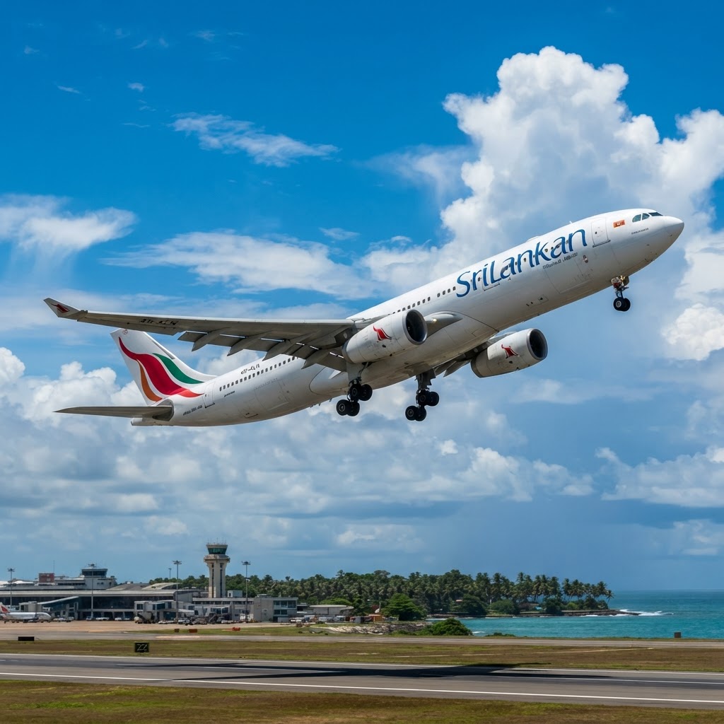 SriLankan Airlines A330 aircraft taking off against a blue sky