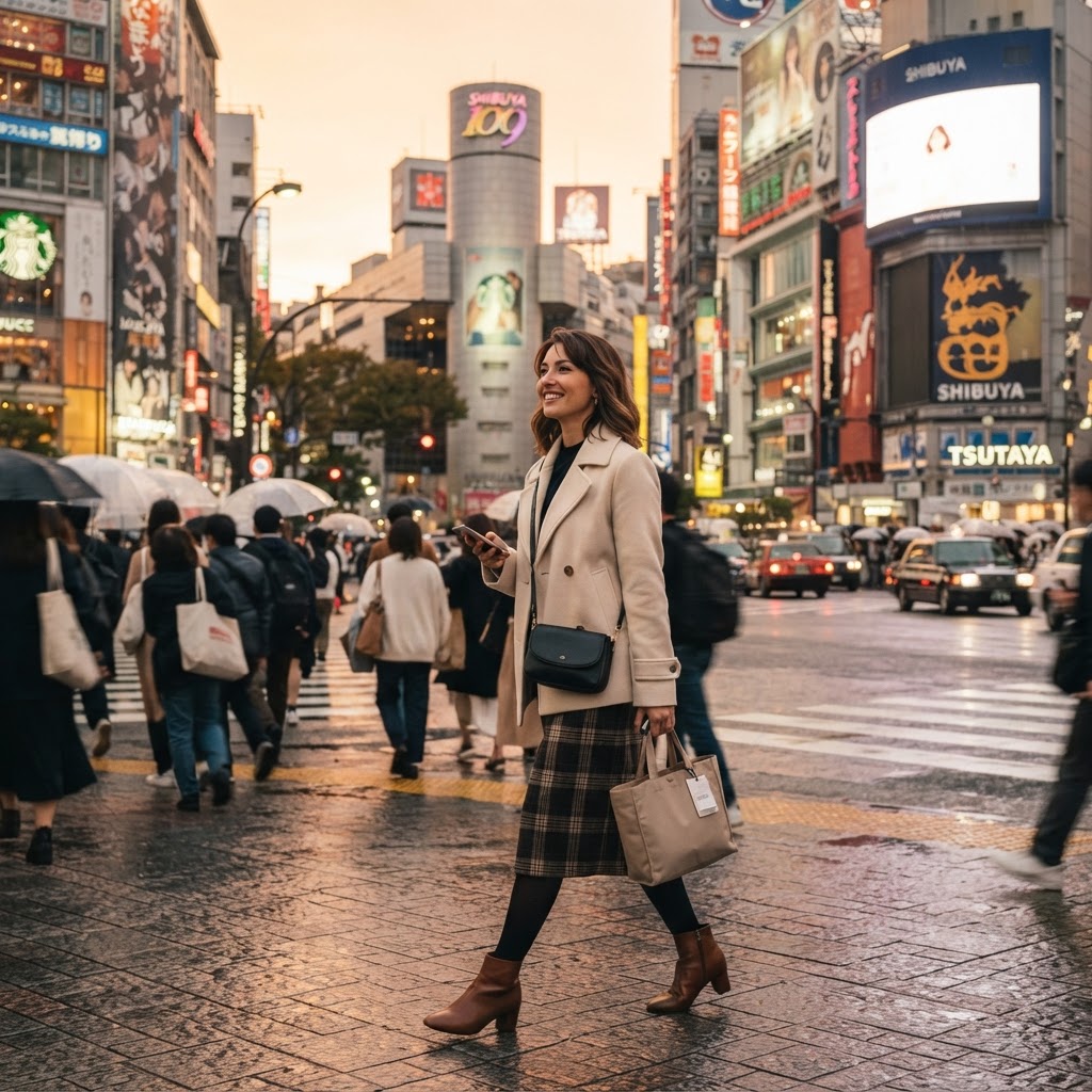 Chic woman in light jacket and boots walking through Tokyo Shibuya in October evening with soft golden hour light