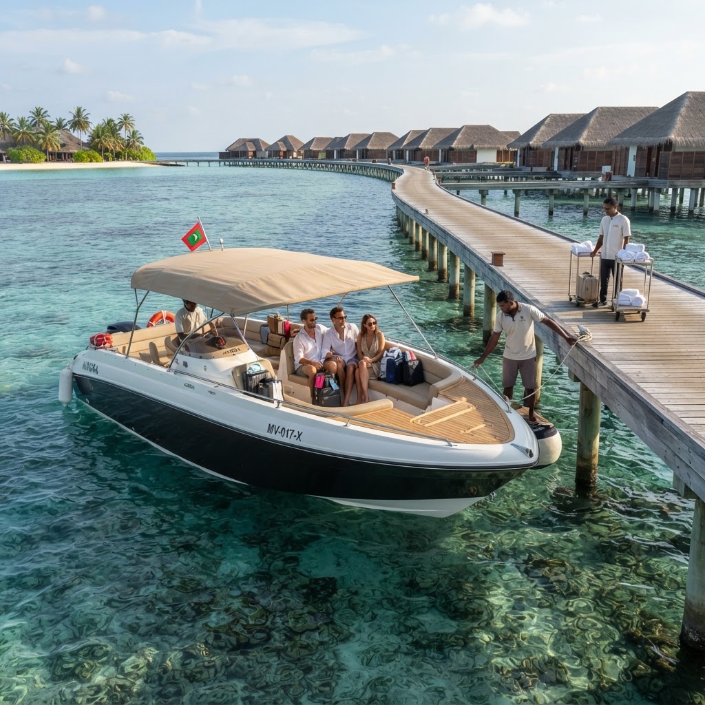 Luxury resort speedboat docking at an overwater villa resort jetty