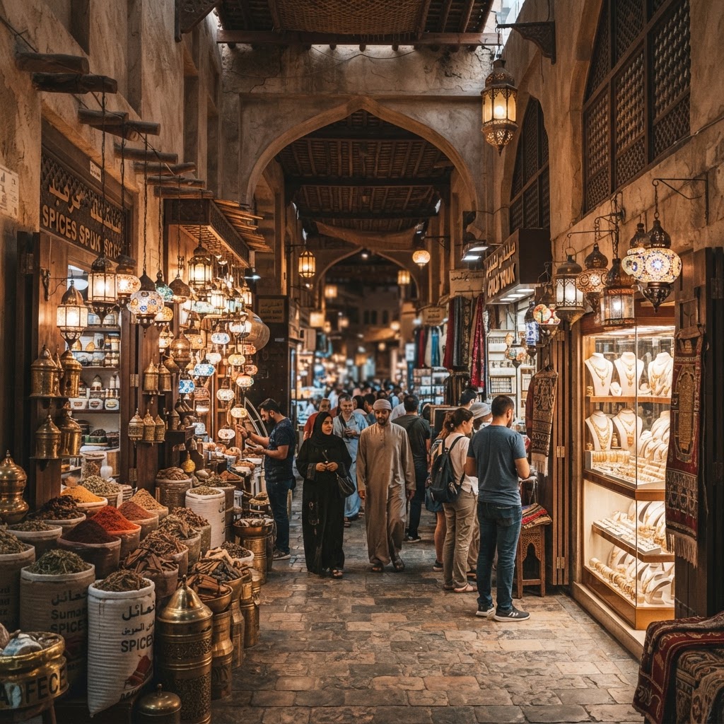 Dubai old town gold souk with lanterns, spices and textiles in the Al Fahidi district