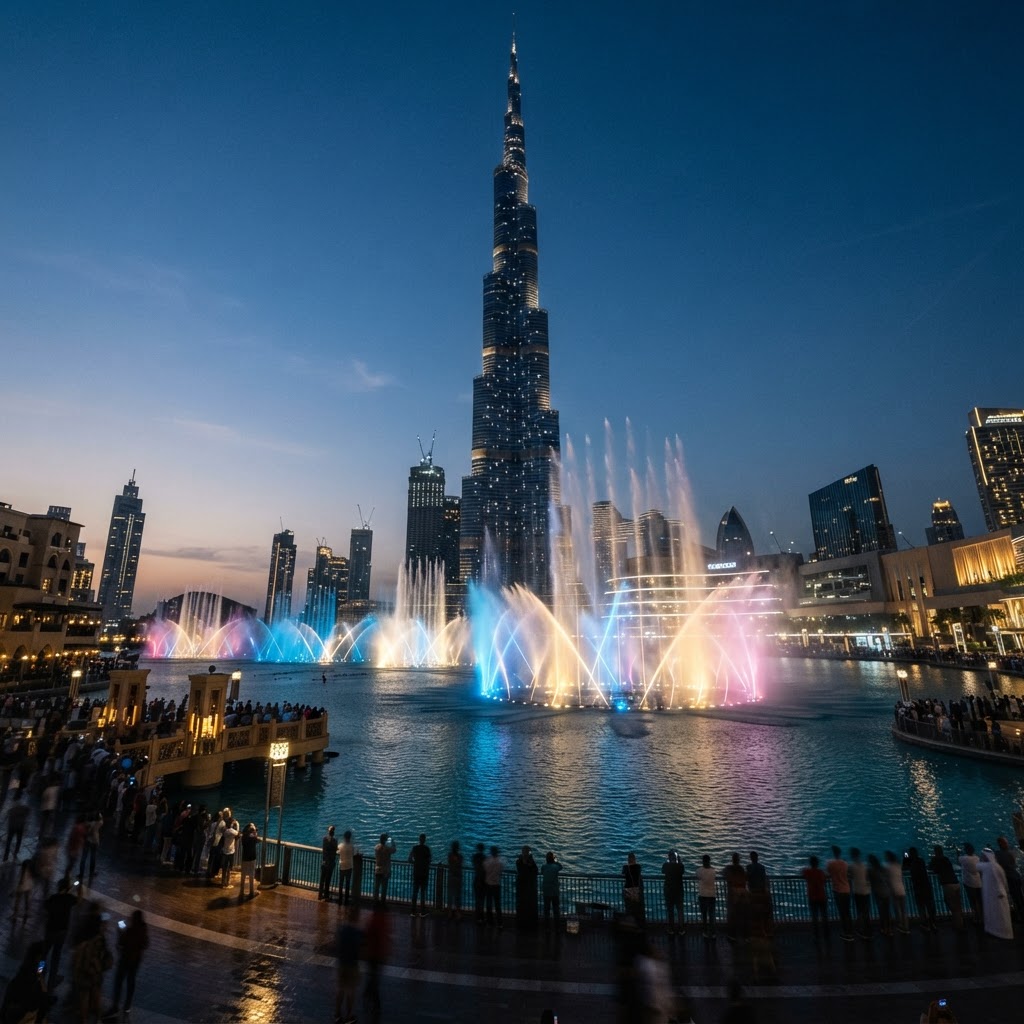Dubai Fountain water show at the Burj Khalifa lake at dusk