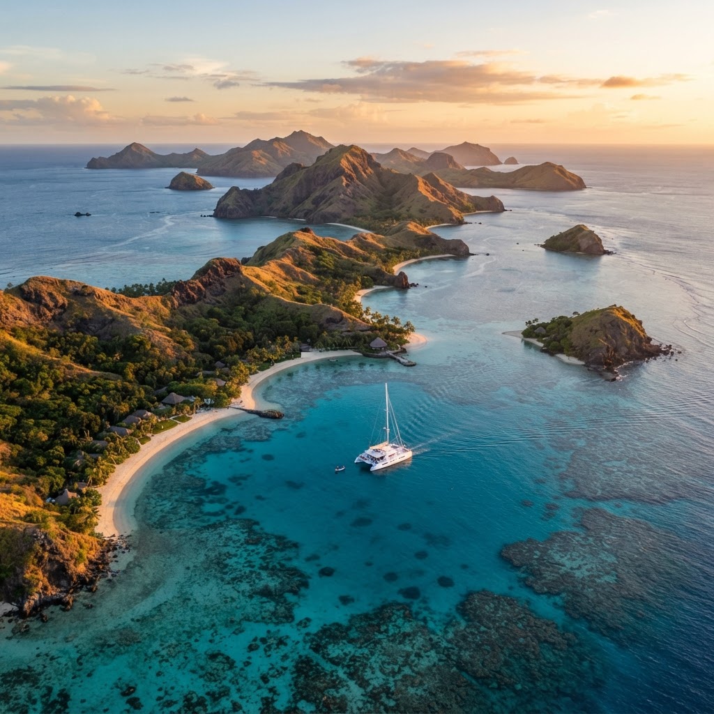 Aerial view of the Yasawa Islands in Fiji at golden hour with turquoise reef water and a sailing catamaran