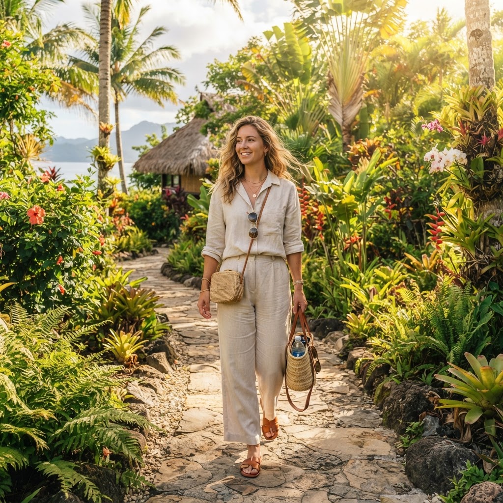 Stylish traveler in light linen outfit and sandals walking through a lush Fiji resort garden in October