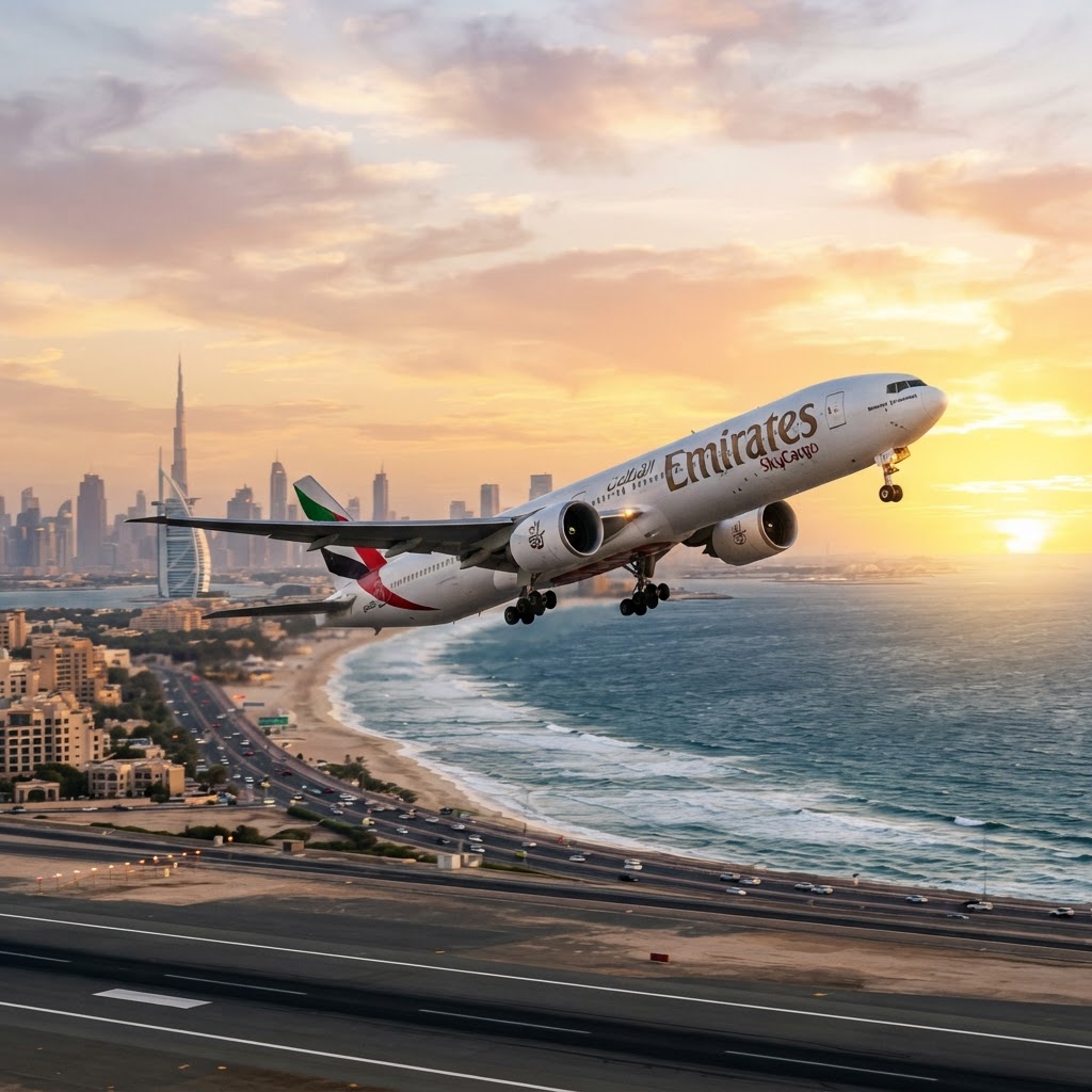 A modern Emirates Boeing 777 airliner taking off at sunrise over a coastline with golden morning light, photorealistic aviation photography, cinematic wide shot