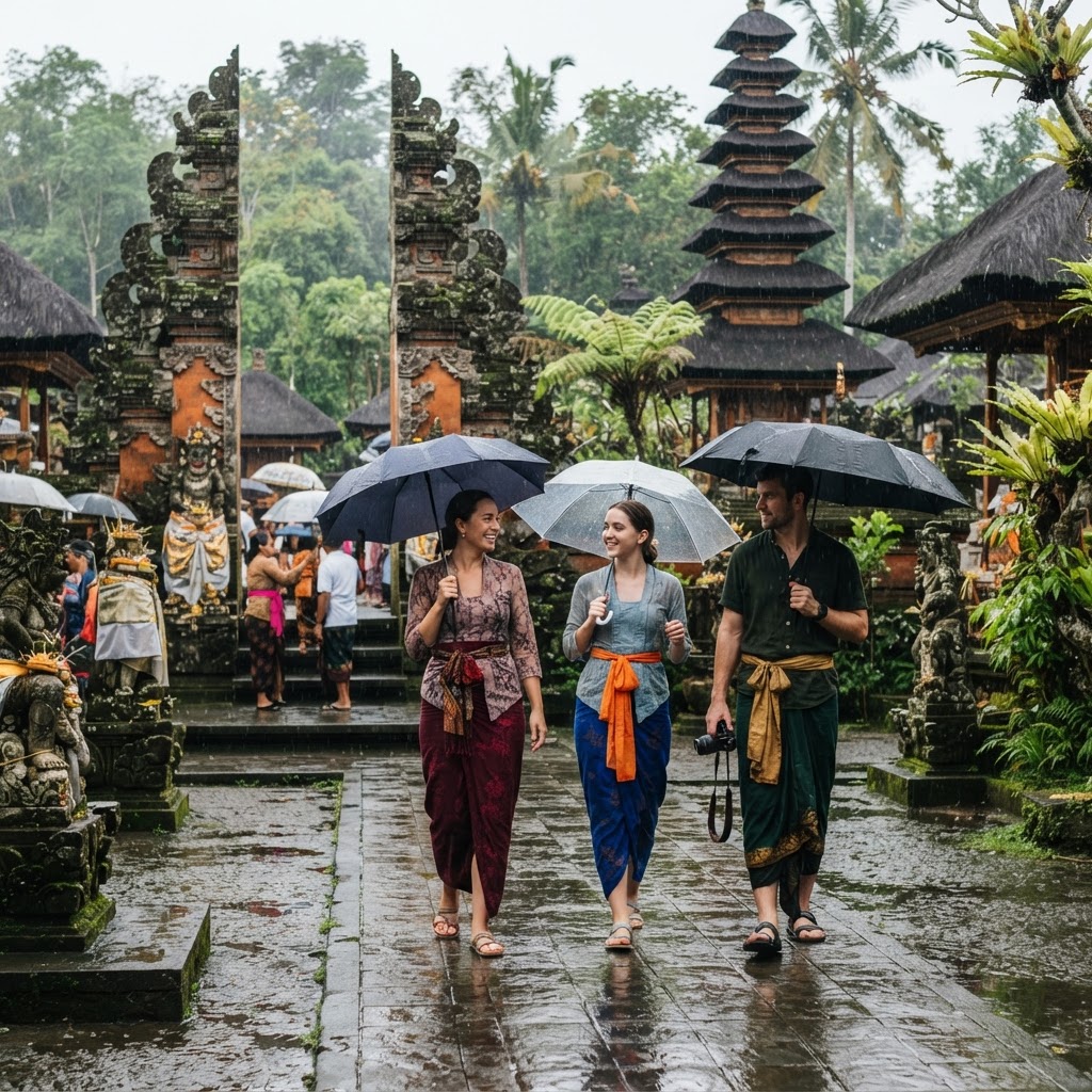 Tourists wearing sarongs and sashes at a Balinese temple in light December rain