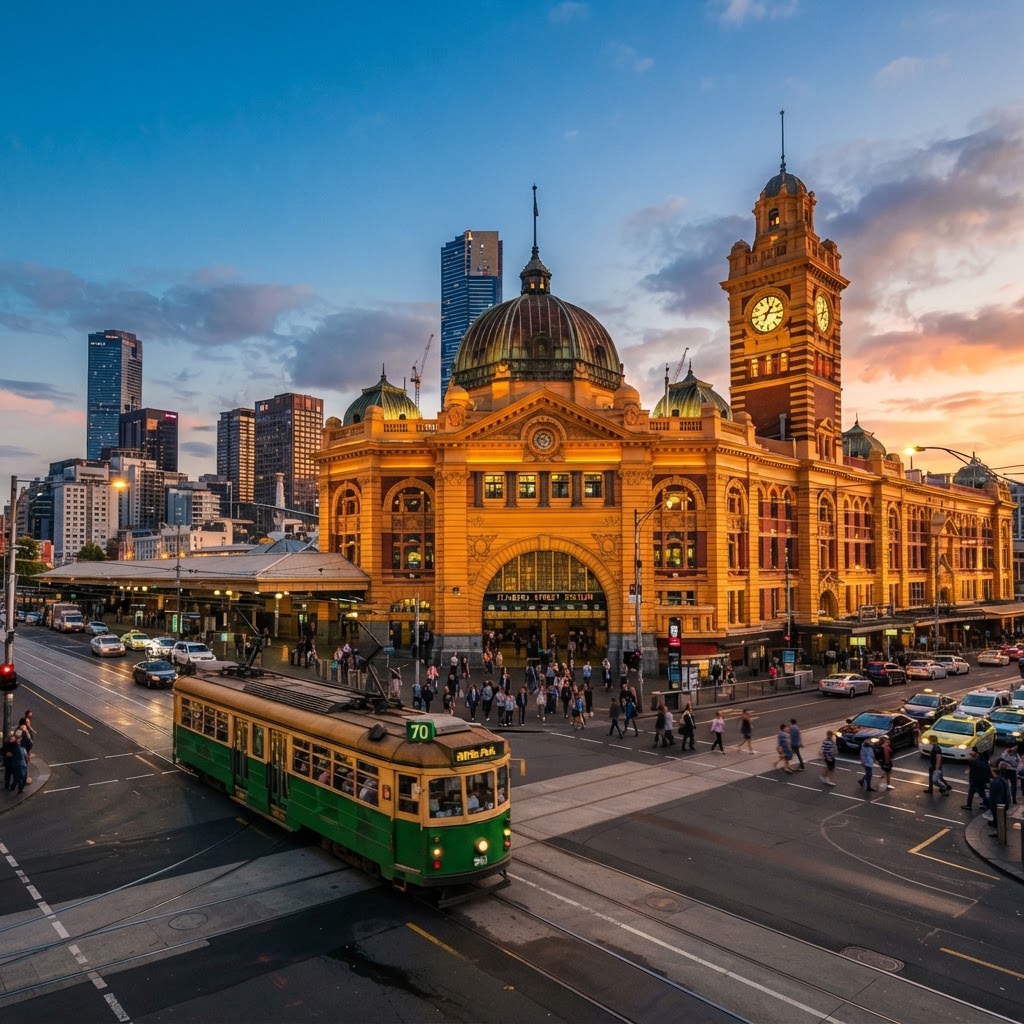 Flinders Street Station at dusk with tram, Melbourne
