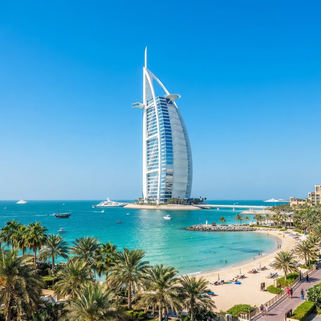 The Burj Al Arab sail-shaped luxury hotel on a clear blue day with turquoise Arabian Gulf water and palm trees