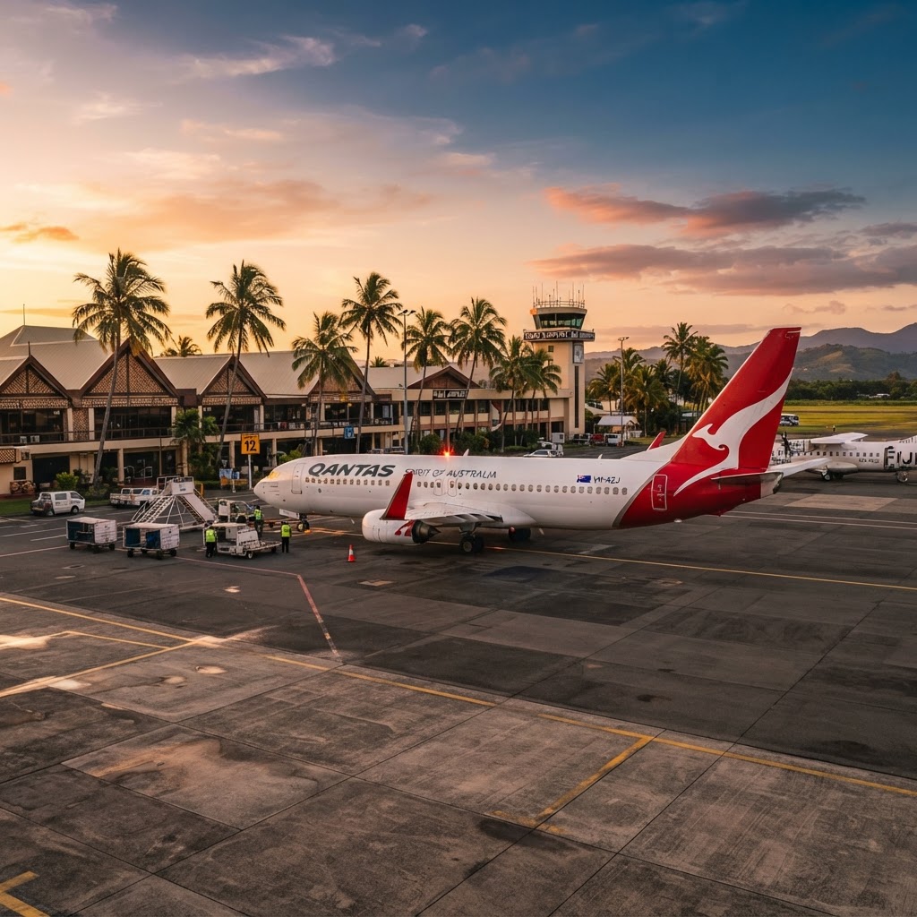 Qantas Boeing 737 parked on the tarmac at Nadi International Airport in Fiji at golden hour