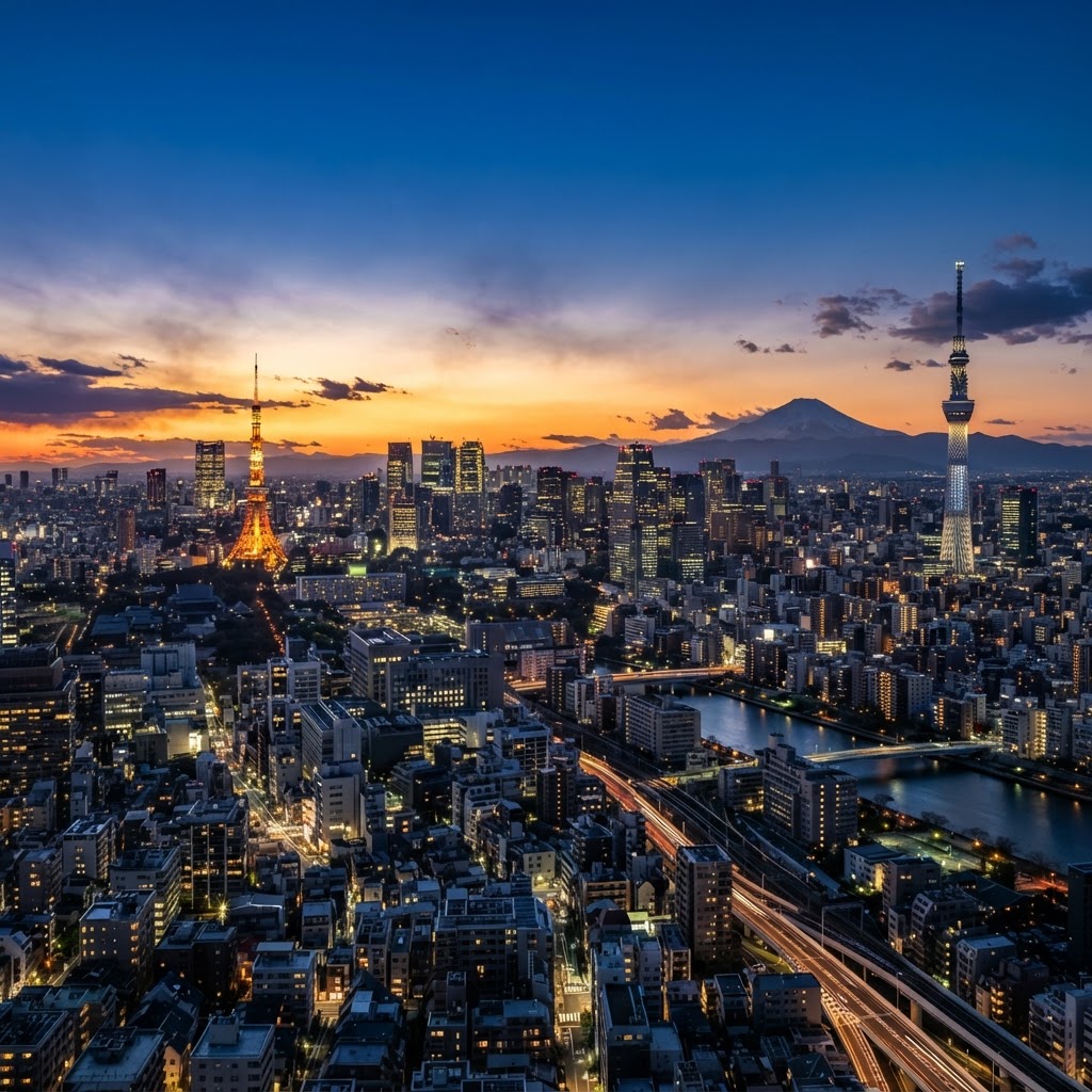 The Tokyo skyline at sunset with Tokyo Skytree, Tokyo Tower and the Shinjuku skyscrapers under a deep blue sky with golden orange light and Mount Fuji in the distance