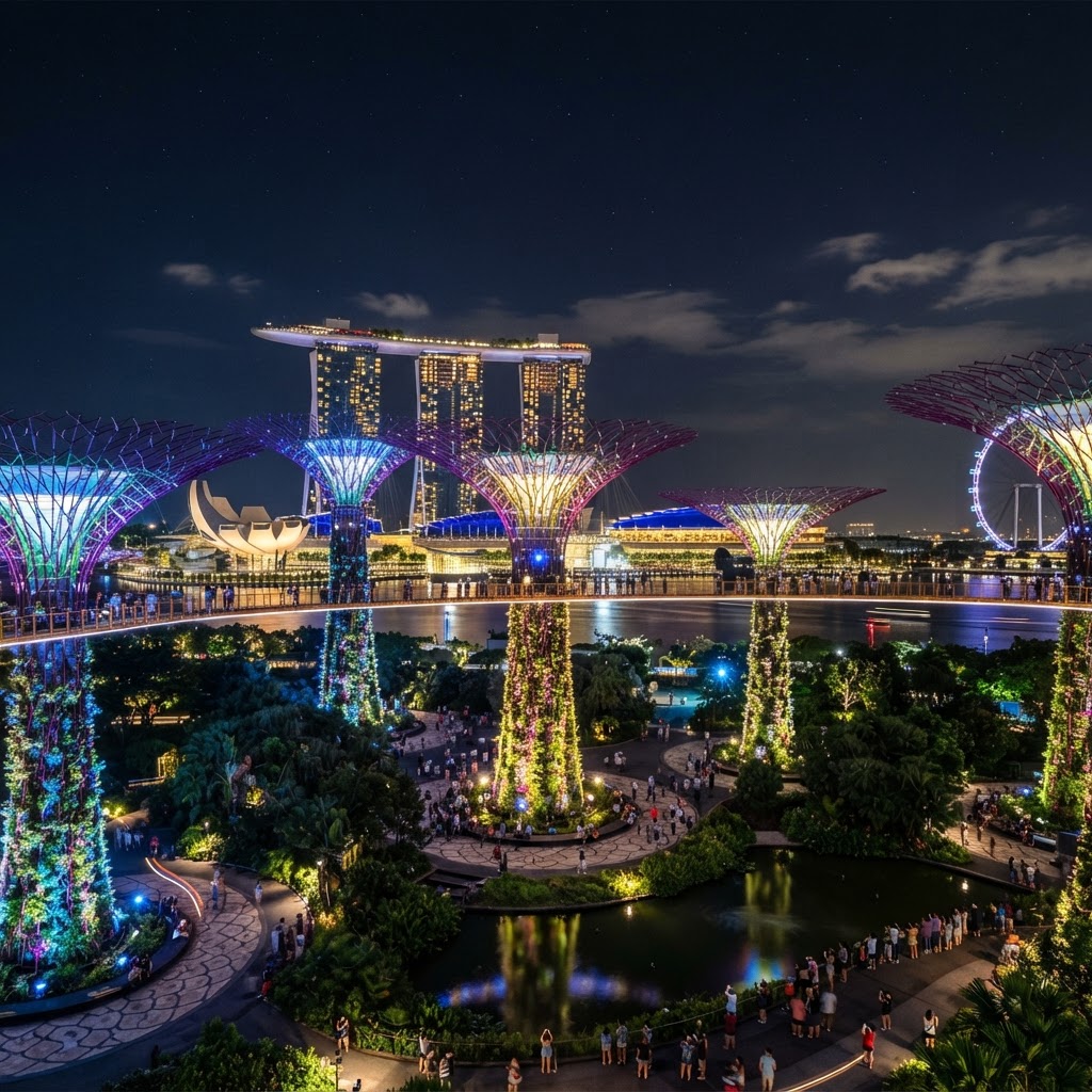 Gardens by the Bay in Singapore at night with the lit-up Supertree Grove and Marina Bay Sands in the background