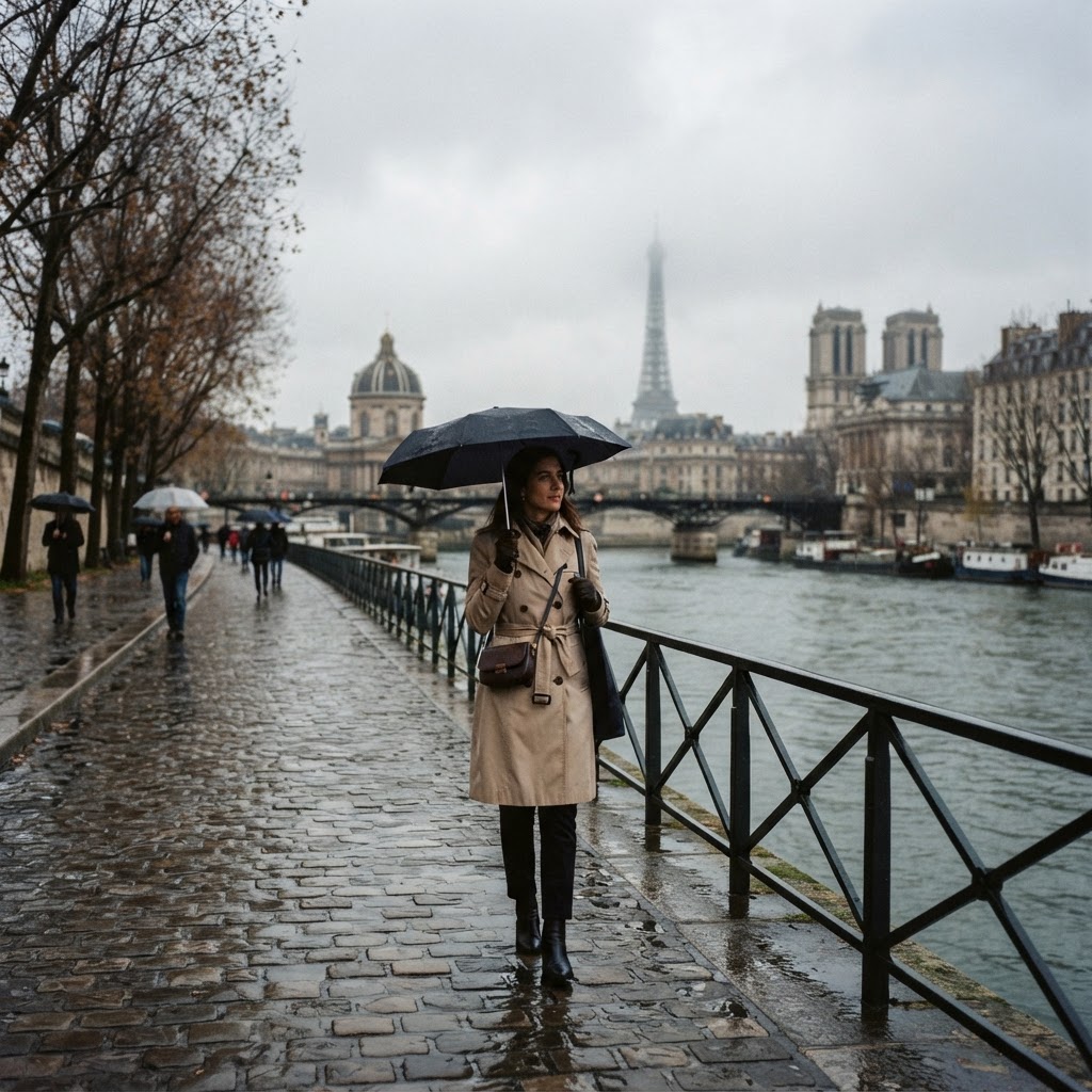 Stylish traveler with compact umbrella and trench coat walking along the Seine river in Paris in December rain