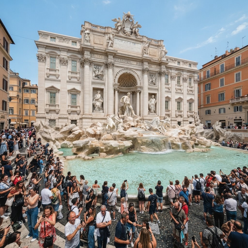 The Trevi Fountain in Rome at midday with its baroque marble sculptures and cascading water, crowds of visitors, clear blue sky