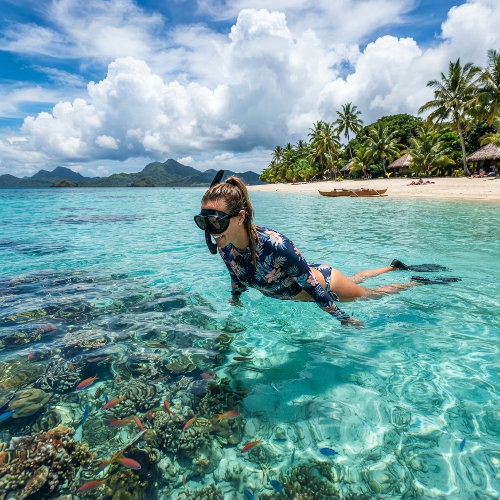 Stylish traveler in swimwear and rash guard snorkelling from a Fiji beach in December with turquoise lagoon and tropical clouds