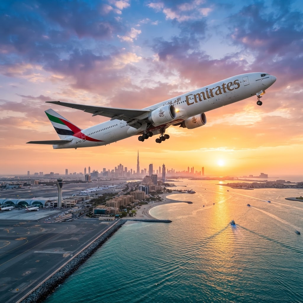 A modern Emirates Boeing 777 airliner taking off at sunrise over a coastline with golden morning light, photorealistic aviation photography, cinematic wide shot