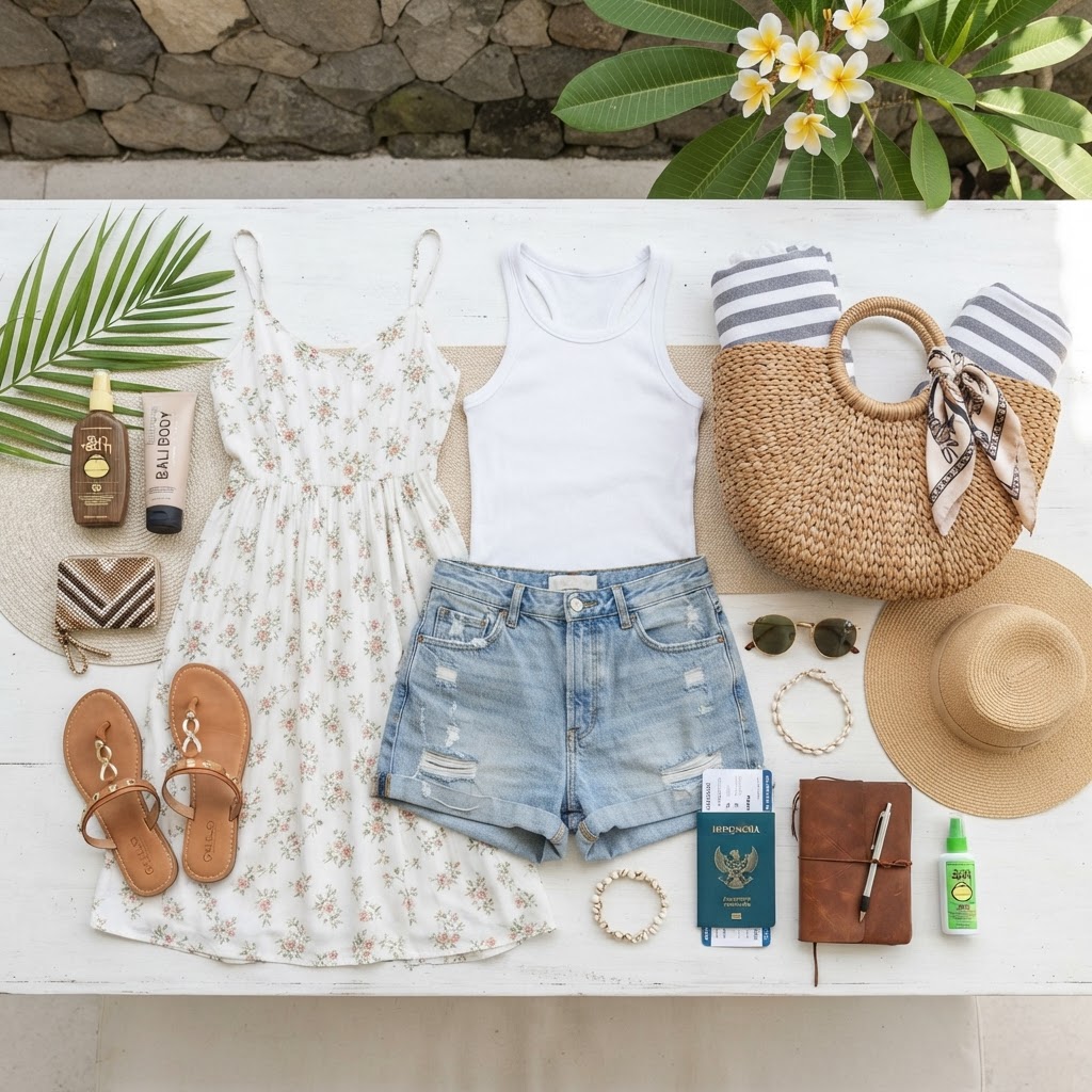 Flat lay of a Bali October day outfit with cotton sundress and sandals