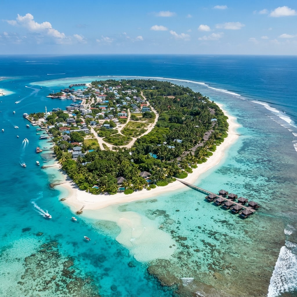 Aerial view of Villingili island with palm trees, white sand beach and turquoise lagoon