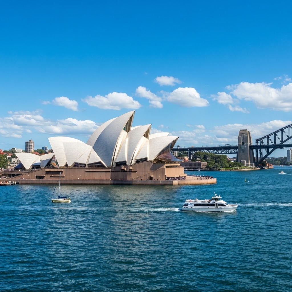 Sydney Opera House with white sail roofs against blue sky