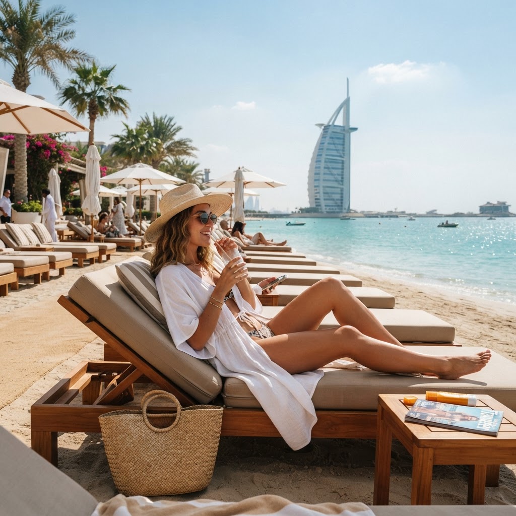Traveler in a linen cover-up and sun hat at a Dubai beach club with the Burj Al Arab in the background in November