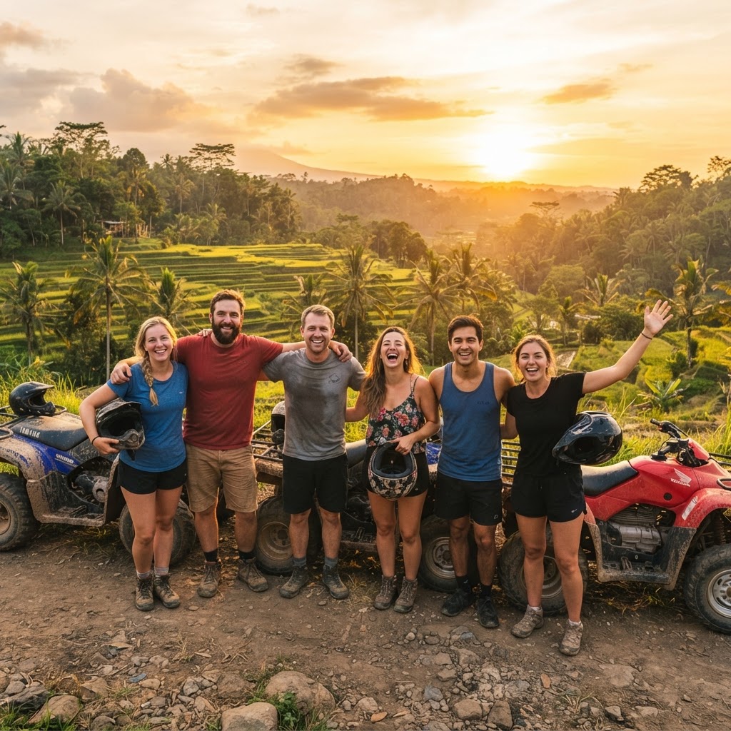 Group of ATV riders posing with quad bikes on a Bali hillside at sunset