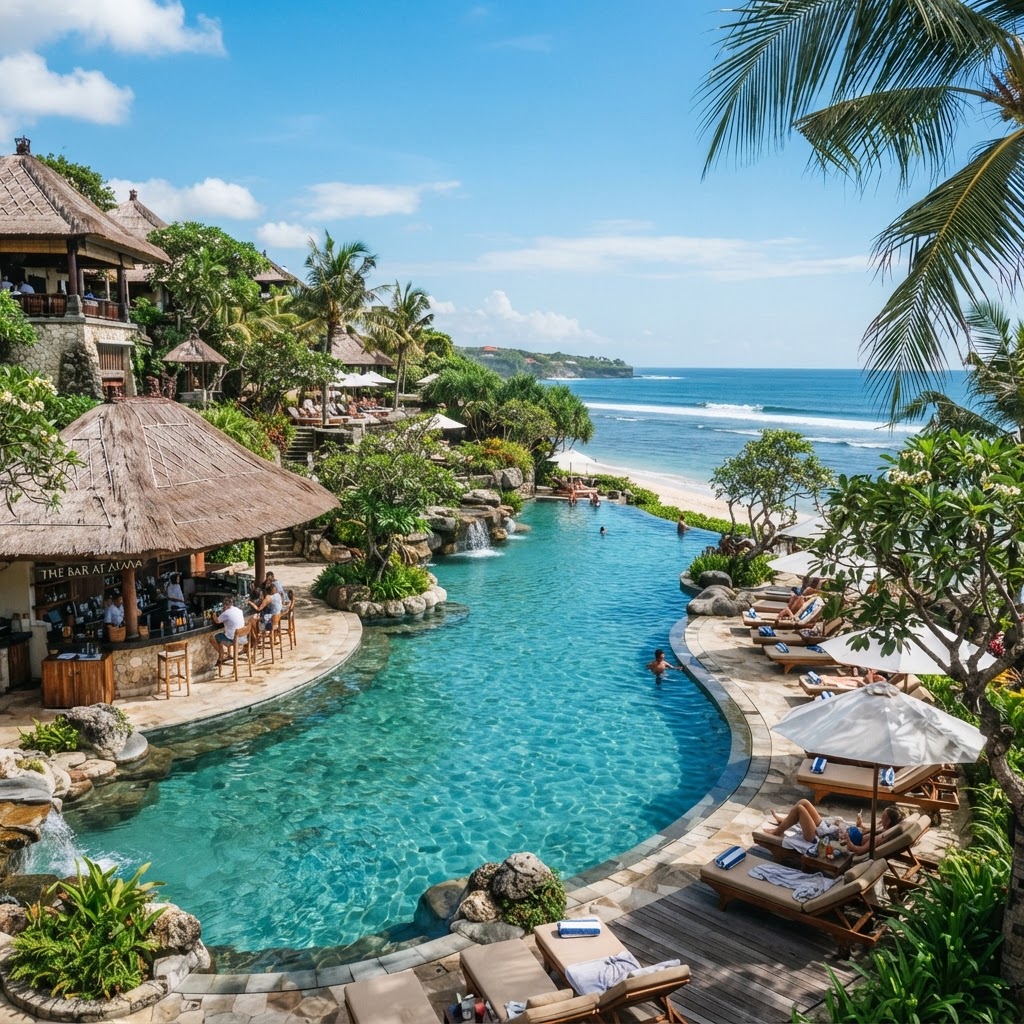 Lagoon swimming pool at Novotel Bali Benoa with pool bar and sun loungers