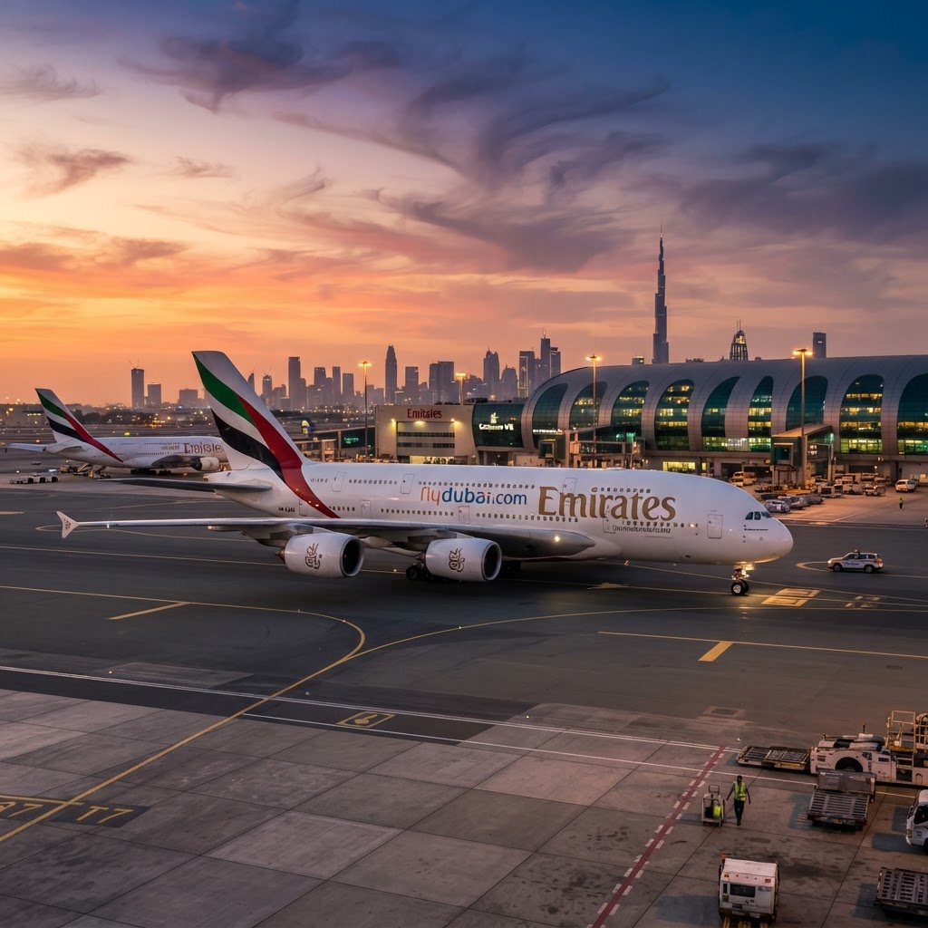 A Qantas Airbus A380 aircraft on the Dubai airport tarmac at sunset
