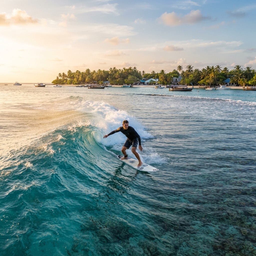 Surfer on the Cokes reef break off Thulusdhoo Maldives with turquoise water and island backdrop