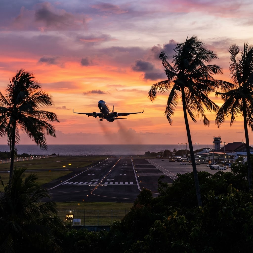Tropical sunset over the runway at Bali Denpasar Airport