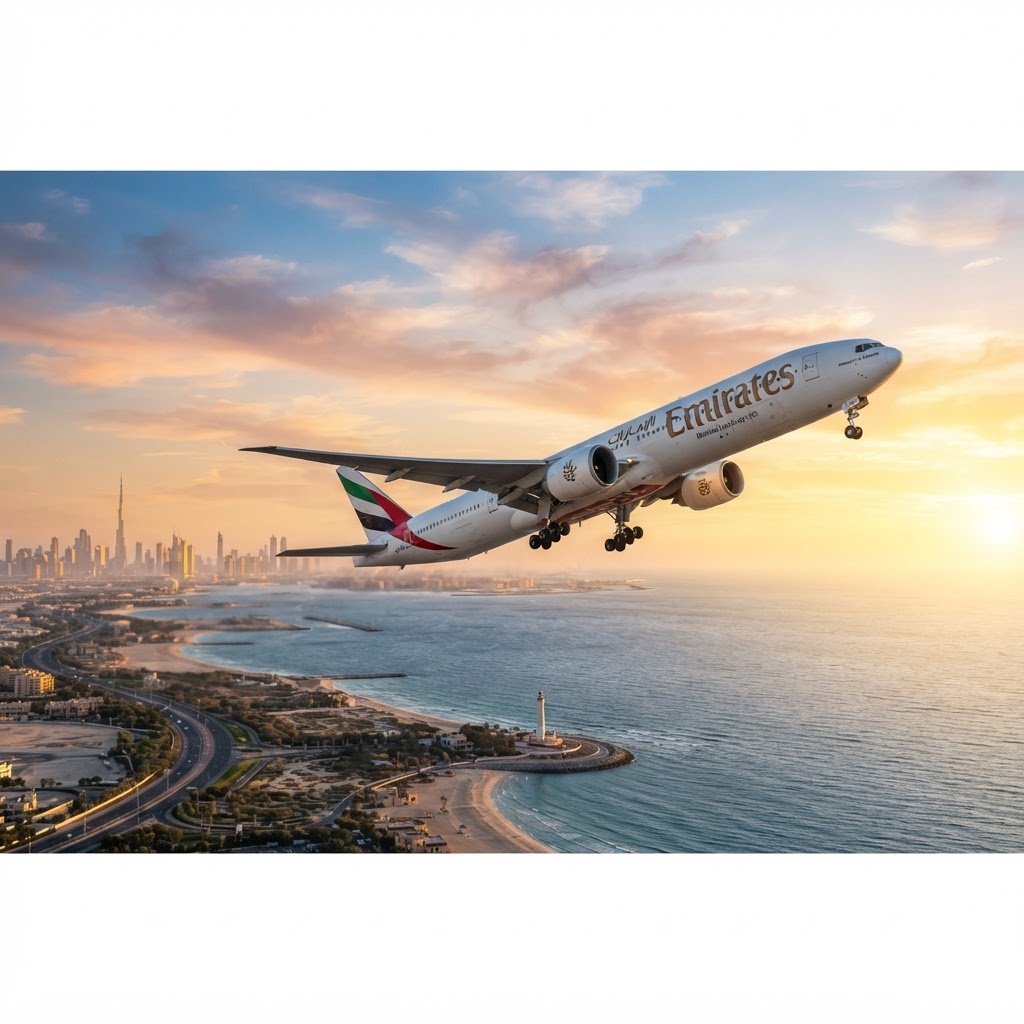 A modern Emirates Boeing 777 airliner taking off at sunrise over a coastline with golden morning light, photorealistic aviation photography, cinematic wide shot