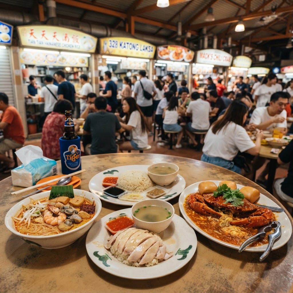 A Singapore hawker centre scene with Hainanese chicken rice, laksa and chili crab on a table