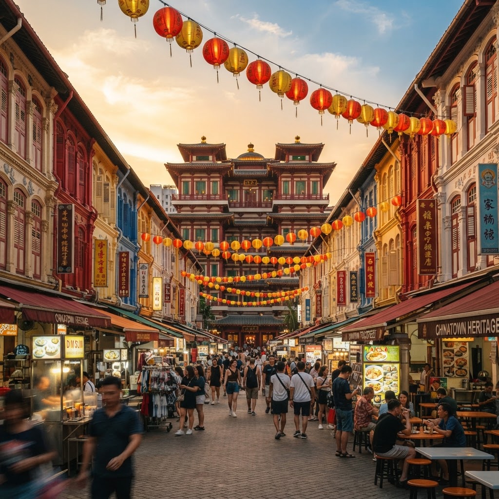 Singapore Chinatown at golden hour with colourful shophouses, lanterns and the Buddha Tooth Relic Temple
