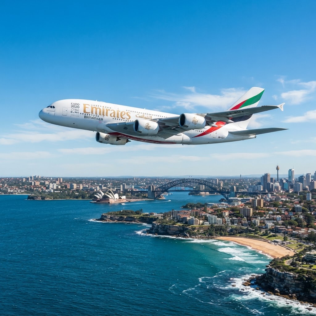 Emirates A380 aircraft flying over Sydney coastline