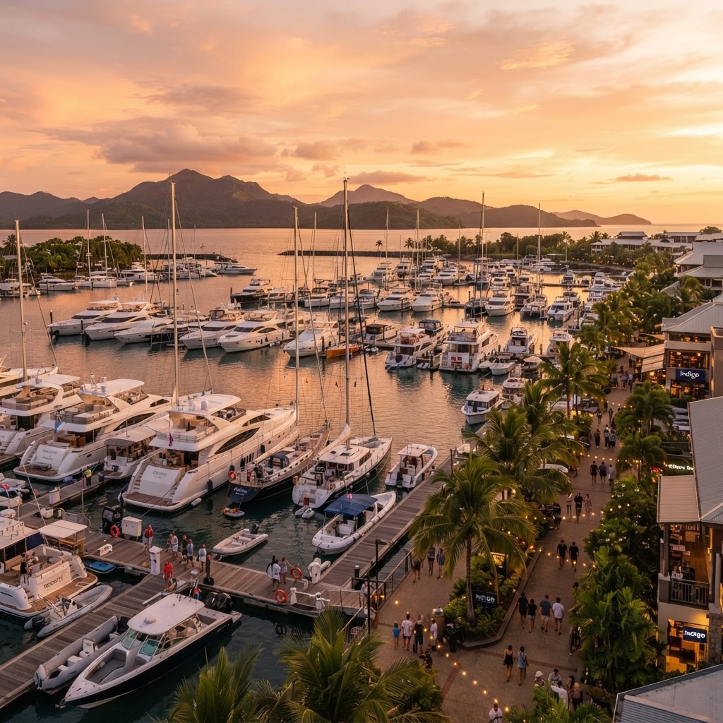 Denarau Island marina in Fiji at golden hour with luxury yachts and resort speedboats