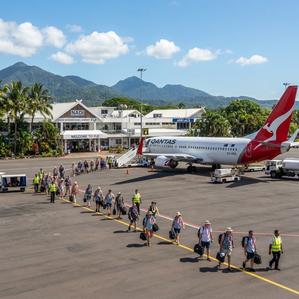 Arrival scene at Nadi International Airport in Fiji with a Qantas jet at the gate and palm trees