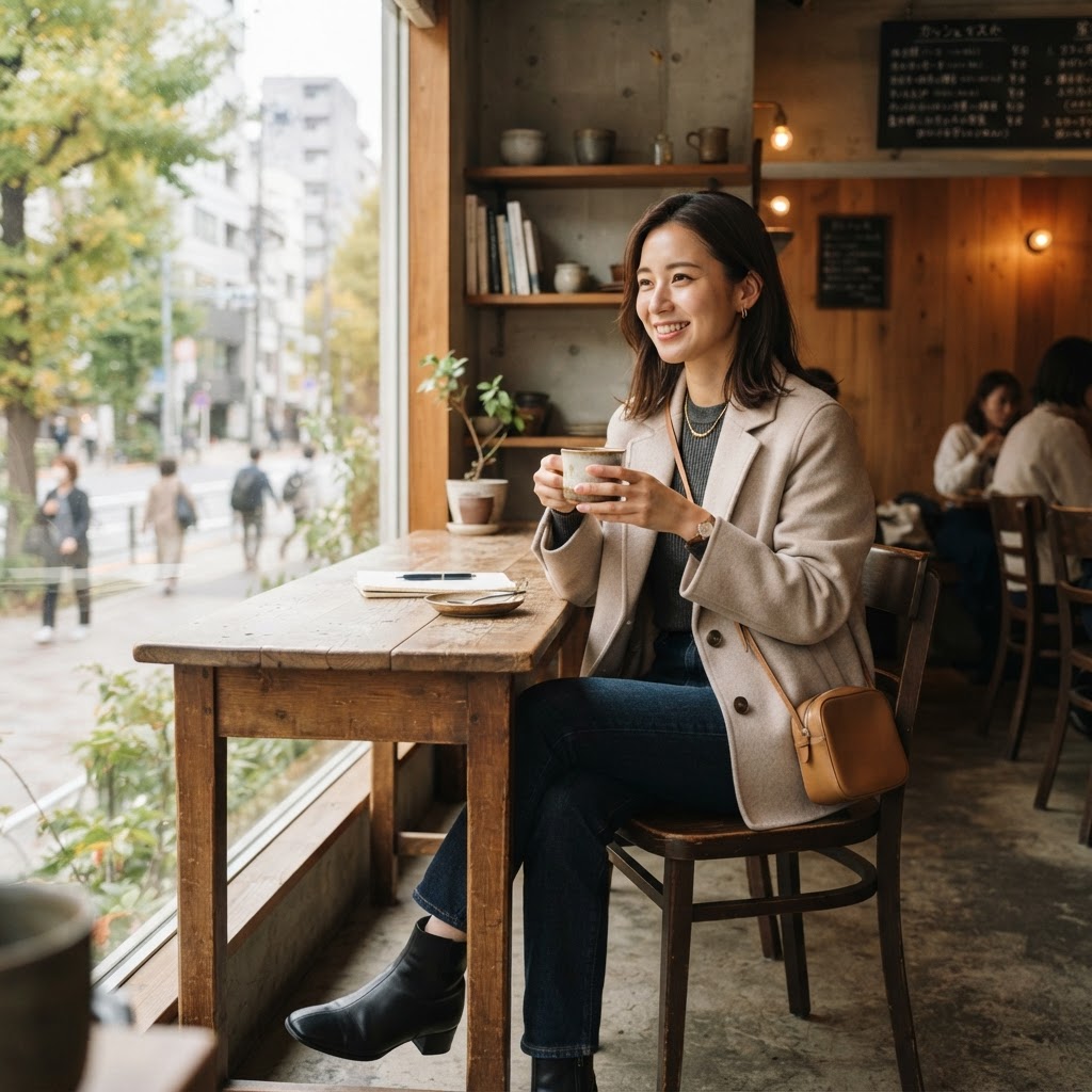 Stylish woman in chic autumn outfit sitting in a warm Tokyo café with a hot coffee in October