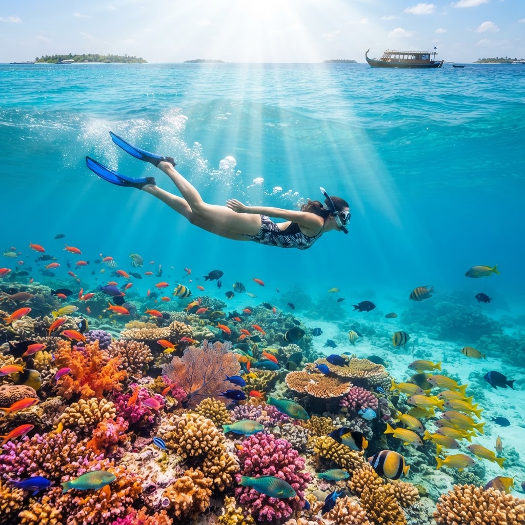 Snorkeller swimming above a vibrant coral reef in the clear turquoise water of the Maldives