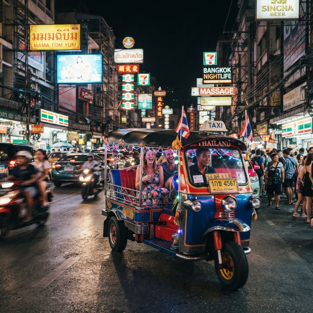 Colorful tuk tuk taxi on a Bangkok street at night