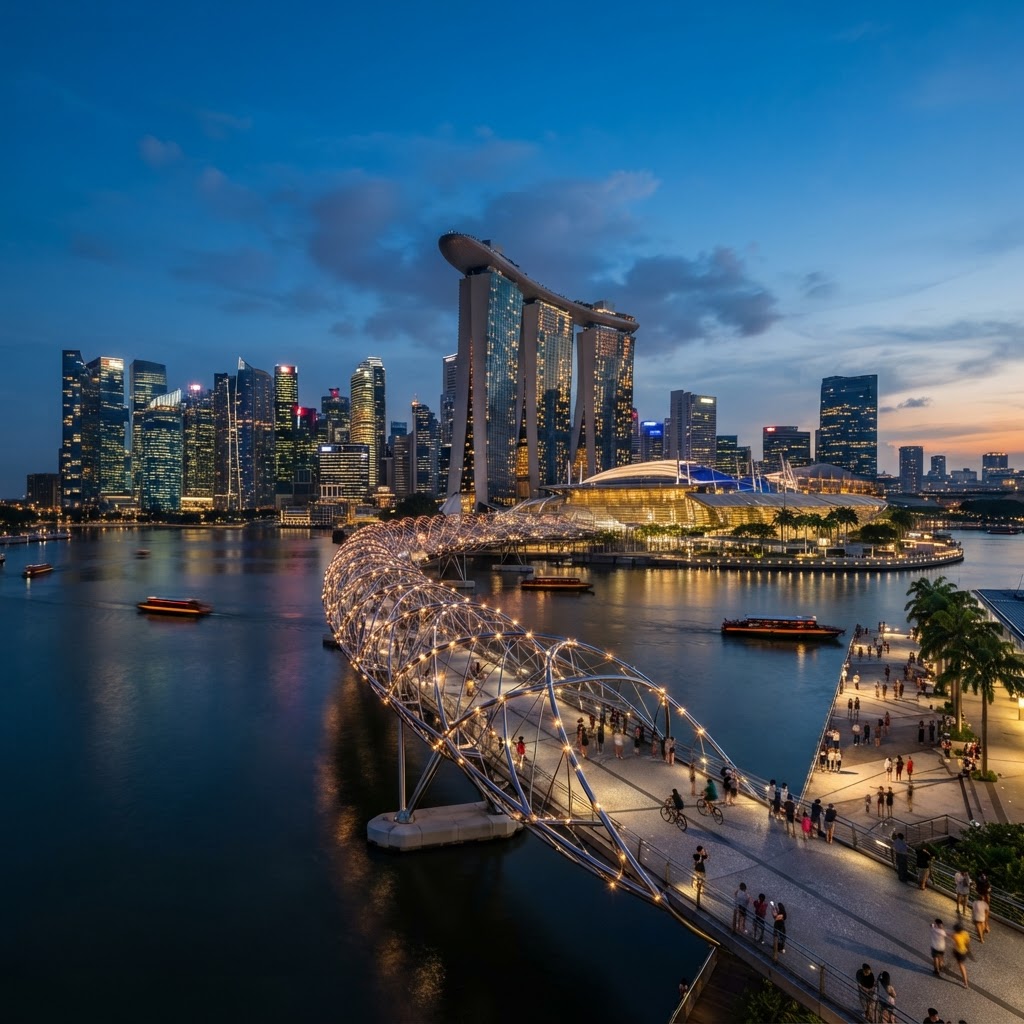 Marina Bay Sands skyline at blue hour with the Helix Bridge, Singapore
