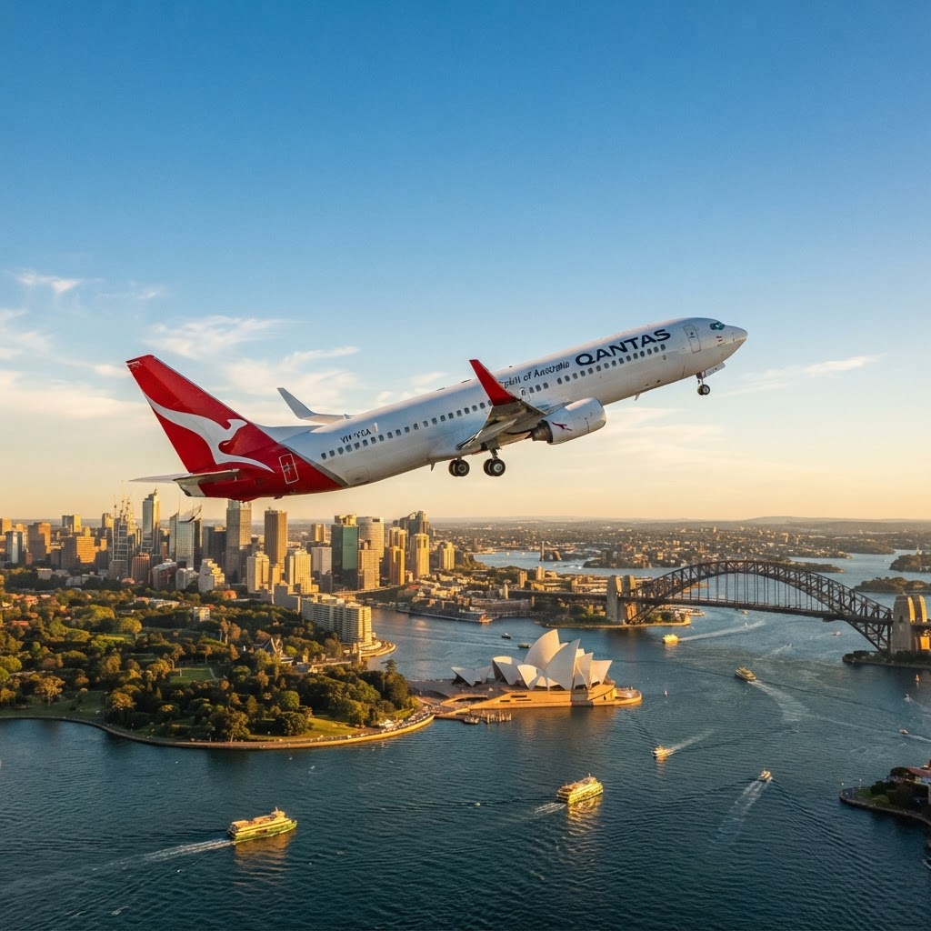 Qantas Boeing 737 climbing over Sydney Harbour with the Opera House and Harbour Bridge below