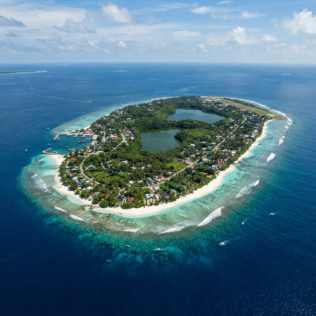 Aerial view of Fuvahmulah island in the Maldives, a lush green island in the deep blue Indian Ocean