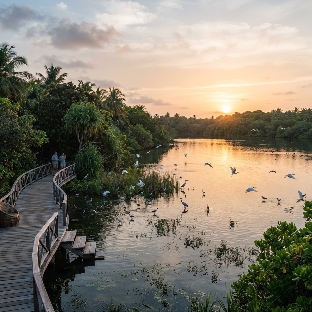 Bandaara Kilhi freshwater lake and wetlands of Fuvahmulah at golden hour