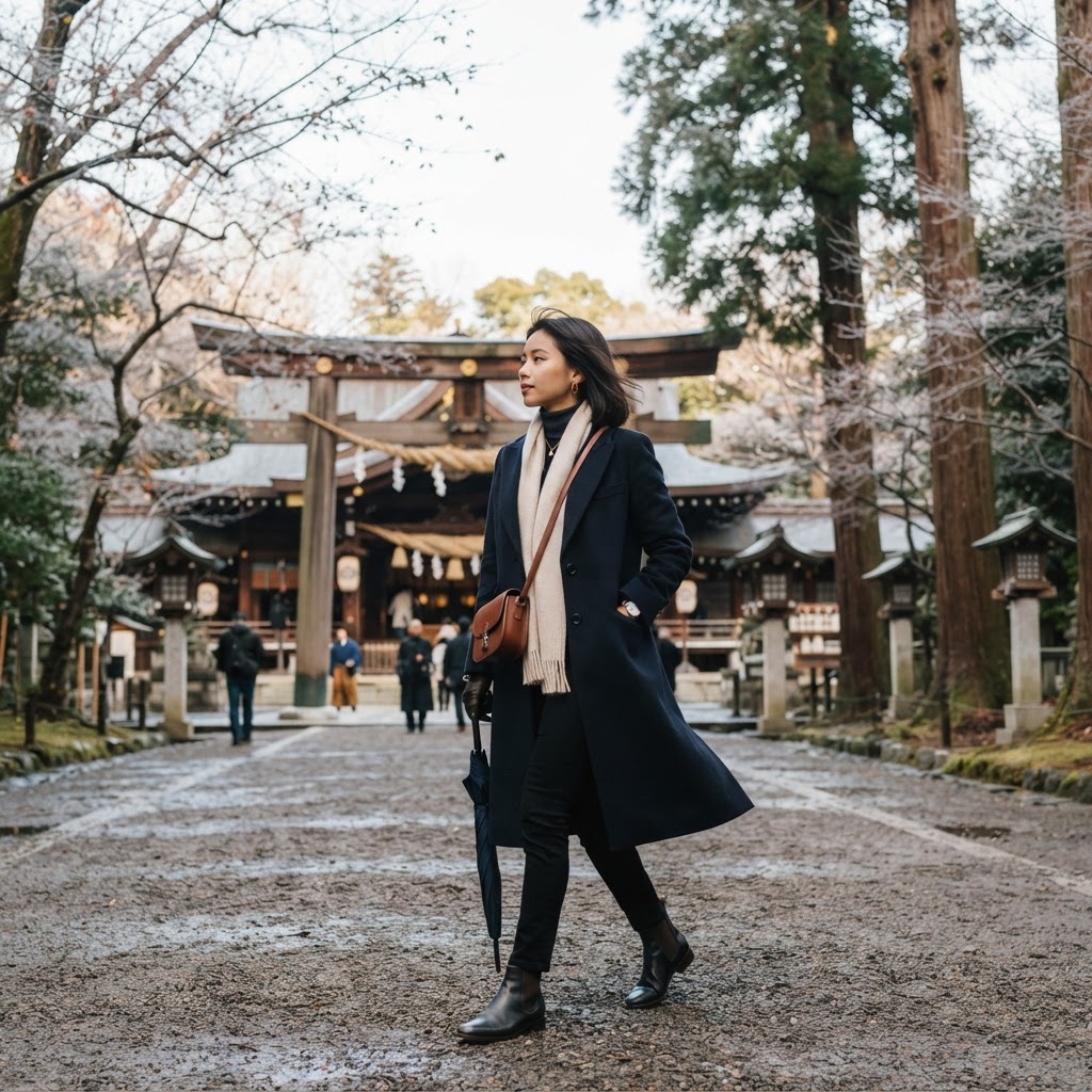 Stylish traveler in tailored wool coat and ankle boots visiting a traditional Tokyo shrine in December