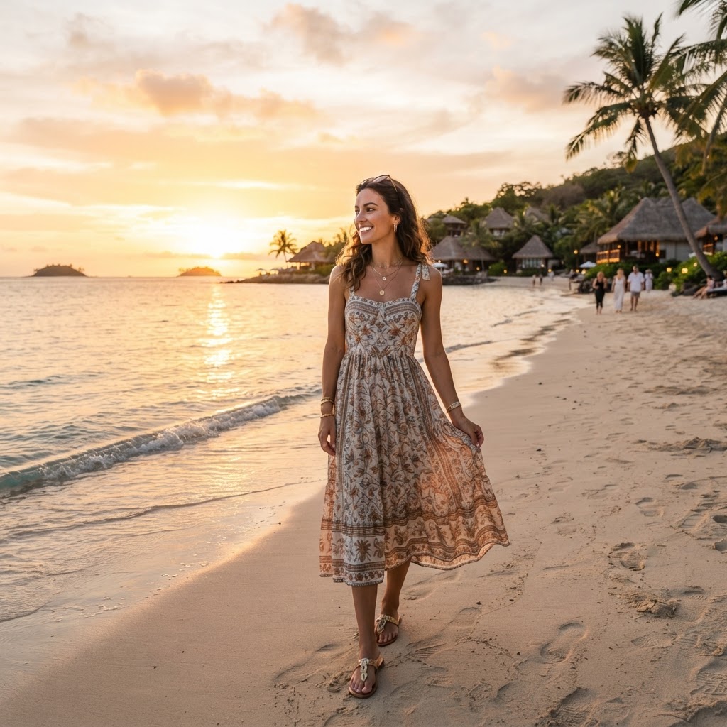 Stylish woman in light sundress and sandals enjoying a Fiji sunset in October at a beachside resort