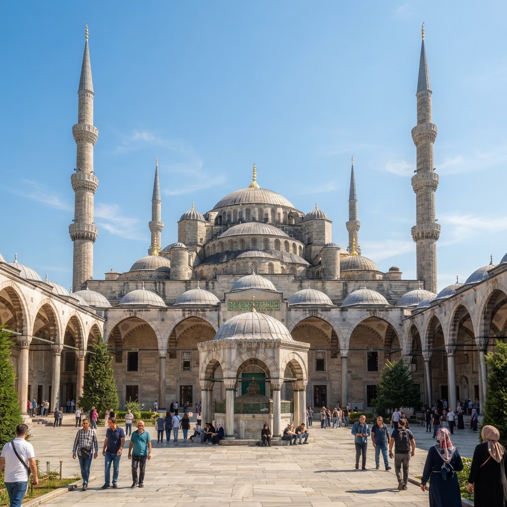 The Blue Mosque (Sultan Ahmed Mosque) in Istanbul at midday, its cascading domes and six minarets, courtyard fountains, clear blue sky