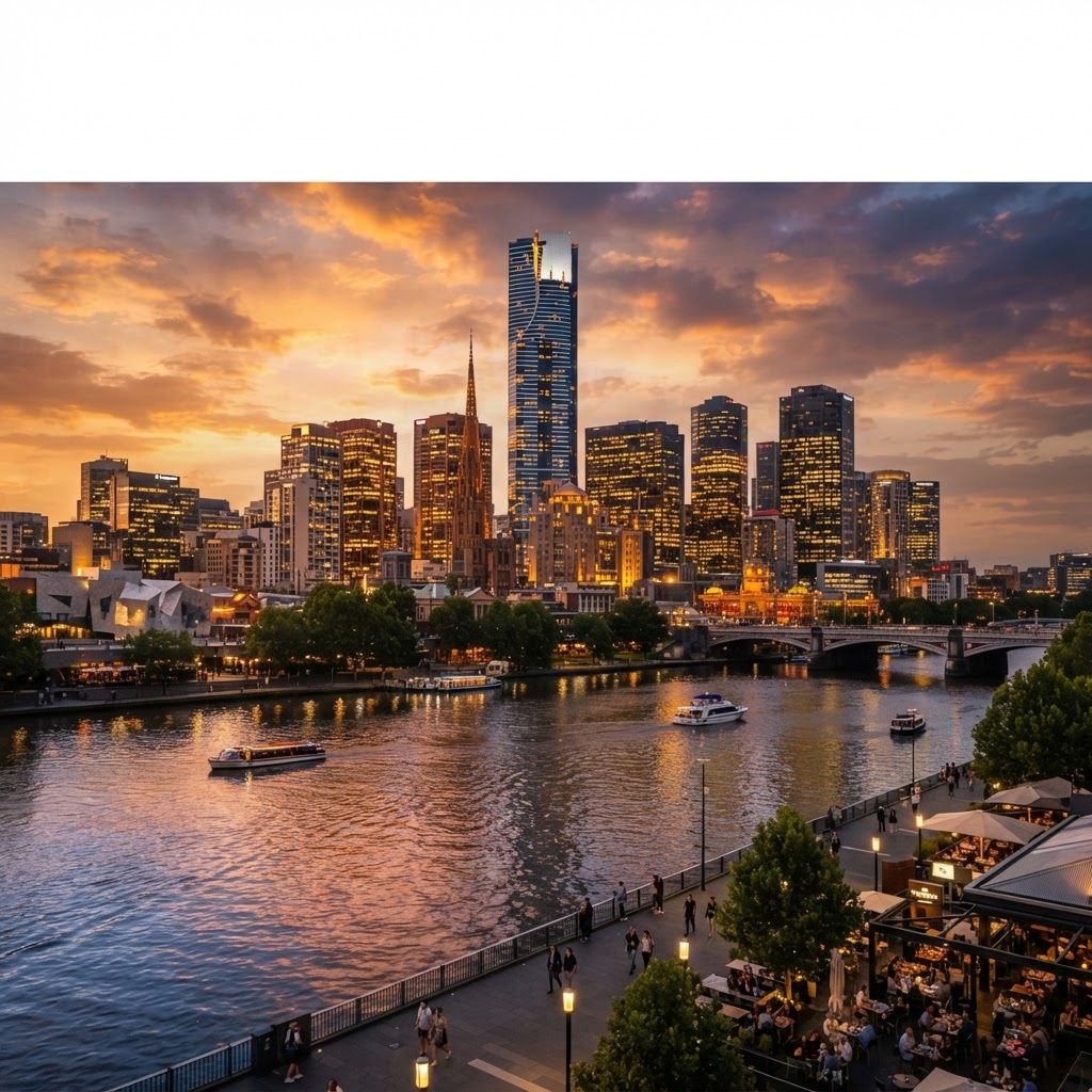 Melbourne skyline at sunset with the Yarra River and the Eureka Tower in the foreground