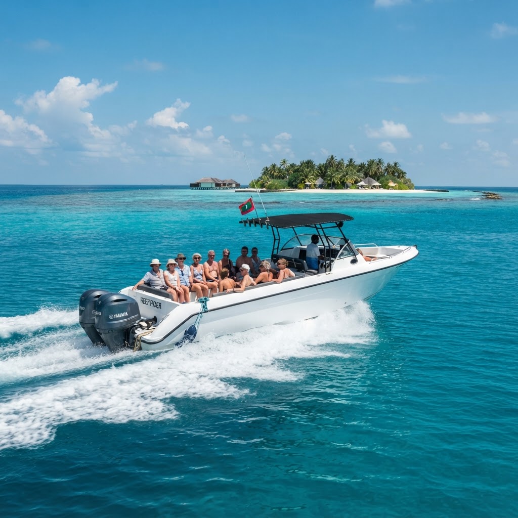 Speedboat with twin outboard engines crossing turquoise Maldives water toward a small island